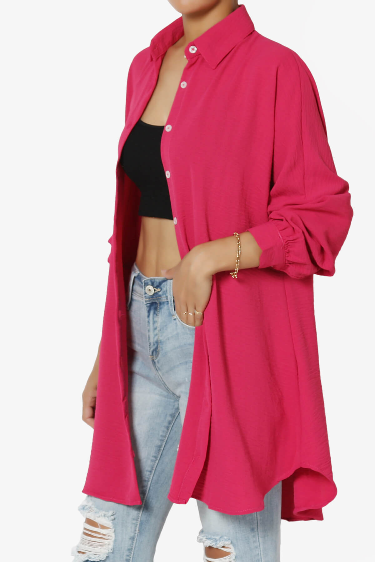 Landy Flowy Oversized Button Down Shirt HOT PINK_3