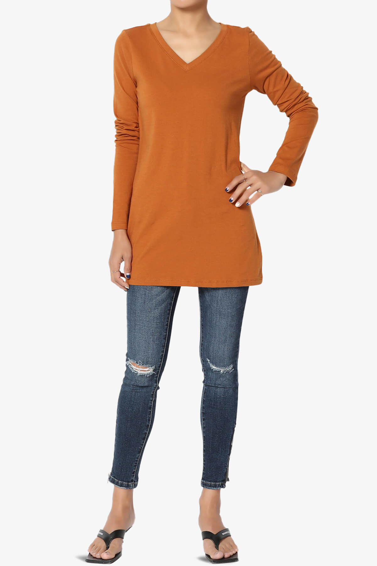 Lasso Cotton V-Neck Long Sleeve Tee ALMOND_6