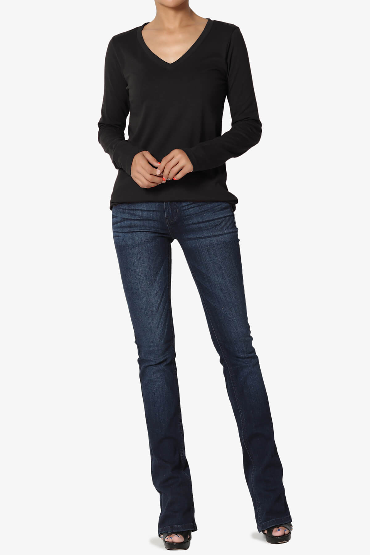 Lasso Cotton V-Neck Long Sleeve Tee BLACK_6
