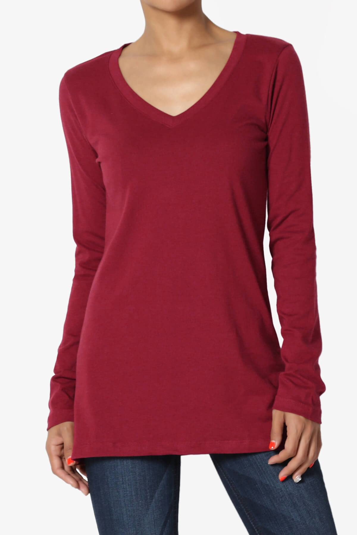 Lasso Cotton V-Neck Long Sleeve Tee BURGUNDY_1