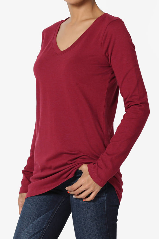 Lasso Cotton V-Neck Long Sleeve Tee BURGUNDY_3