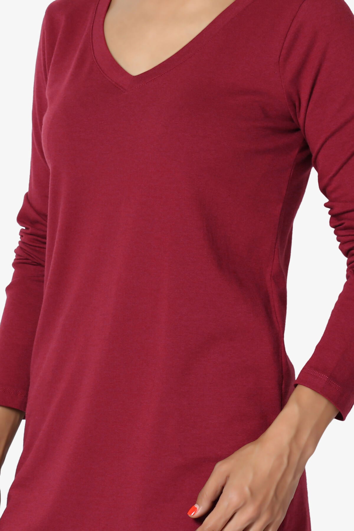 Lasso Cotton V-Neck Long Sleeve Tee BURGUNDY_5