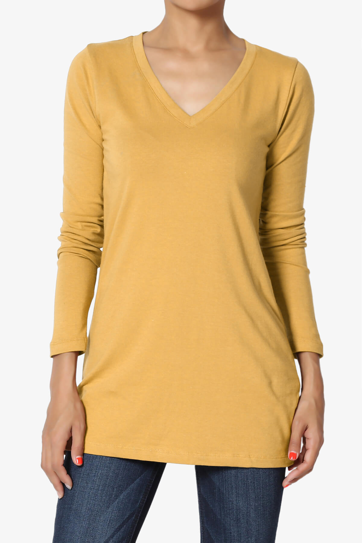 Lasso Cotton V-Neck Long Sleeve Tee LIGHT MUSTARD_1