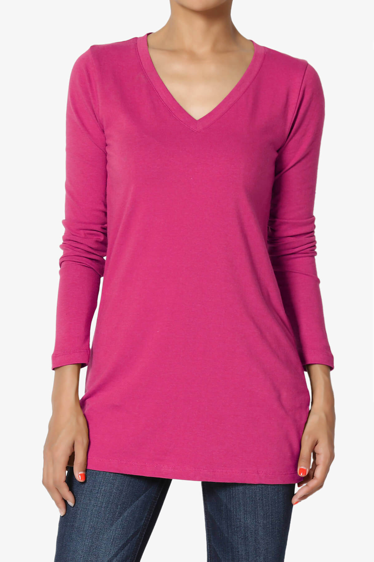Lasso Cotton V-Neck Long Sleeve Tee MAGENTA_1