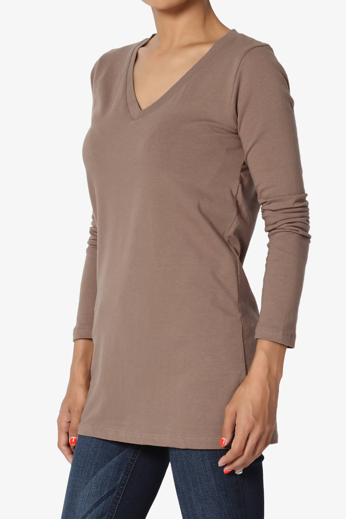 Lasso Cotton V-Neck Long Sleeve Tee MOCHA_3
