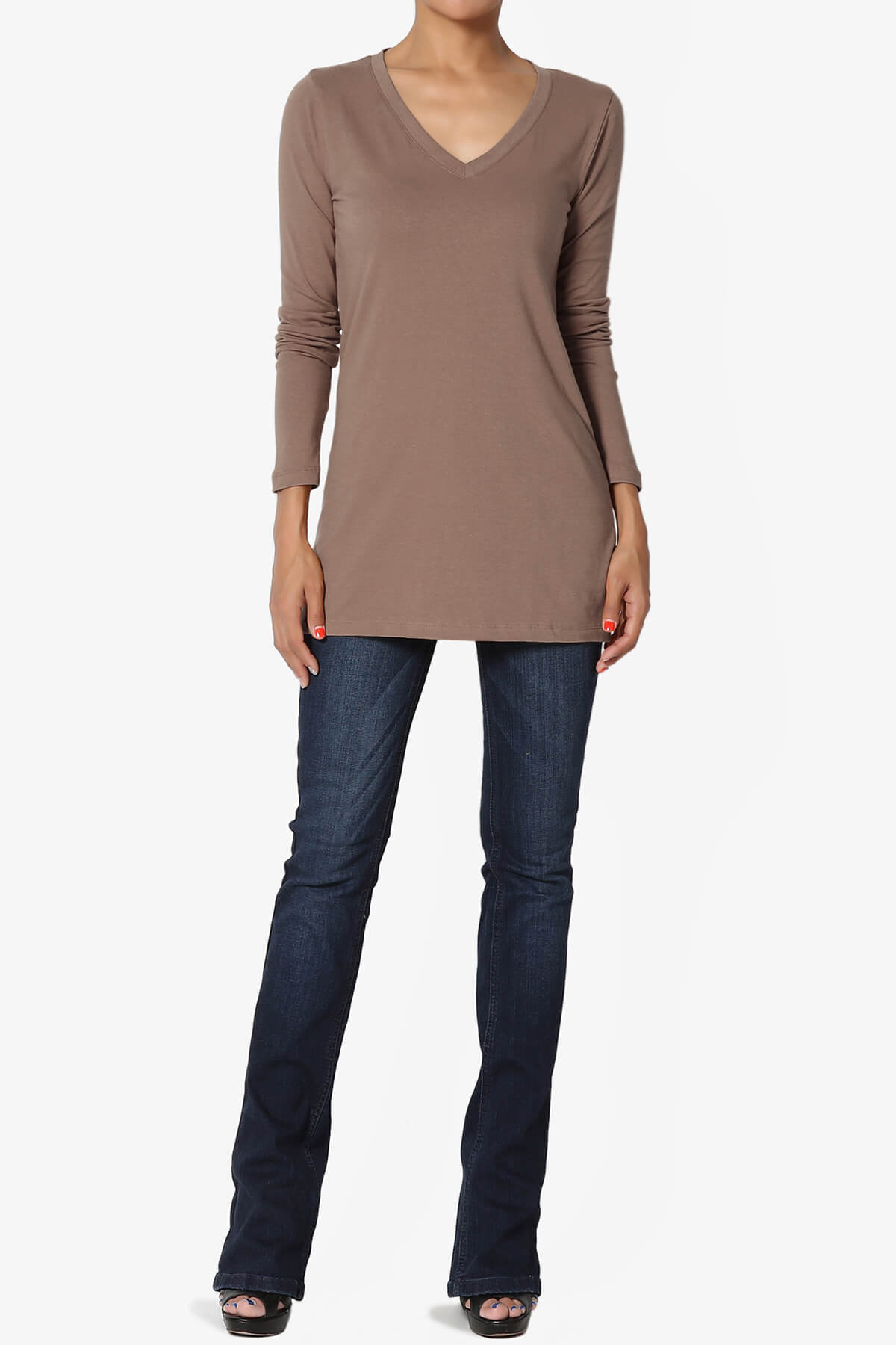 Lasso Cotton V-Neck Long Sleeve Tee MOCHA_6