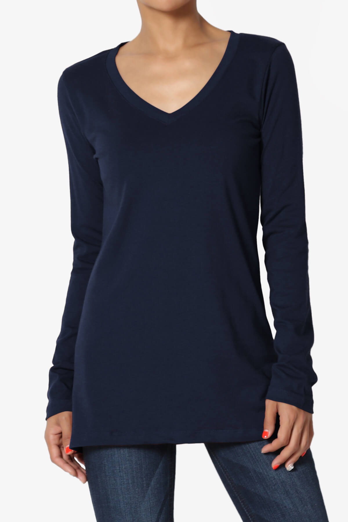 Lasso Cotton V-Neck Long Sleeve Tee NAVY_1
