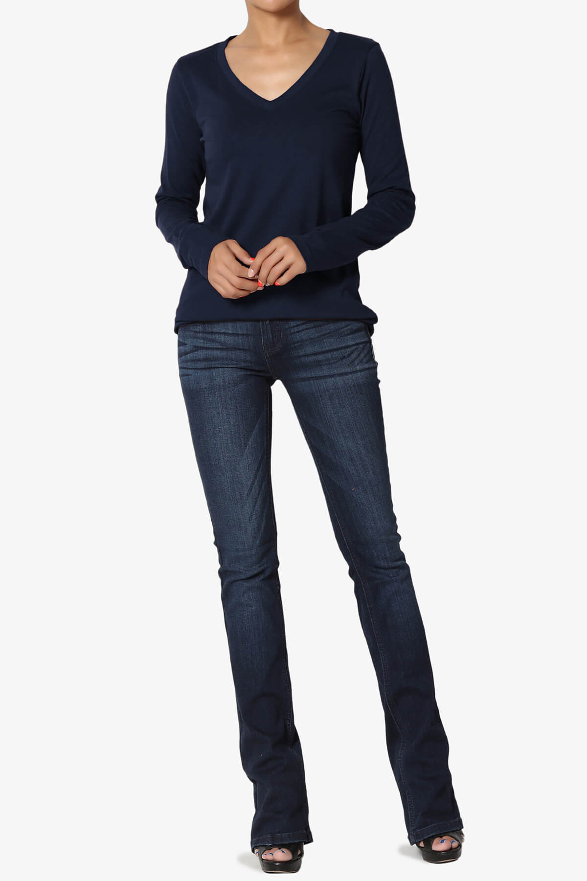 Lasso Cotton V-Neck Long Sleeve Tee NAVY_6