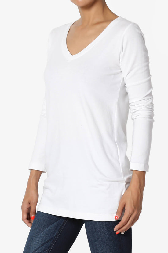 Lasso Cotton V-Neck Long Sleeve Tee WHITE_3