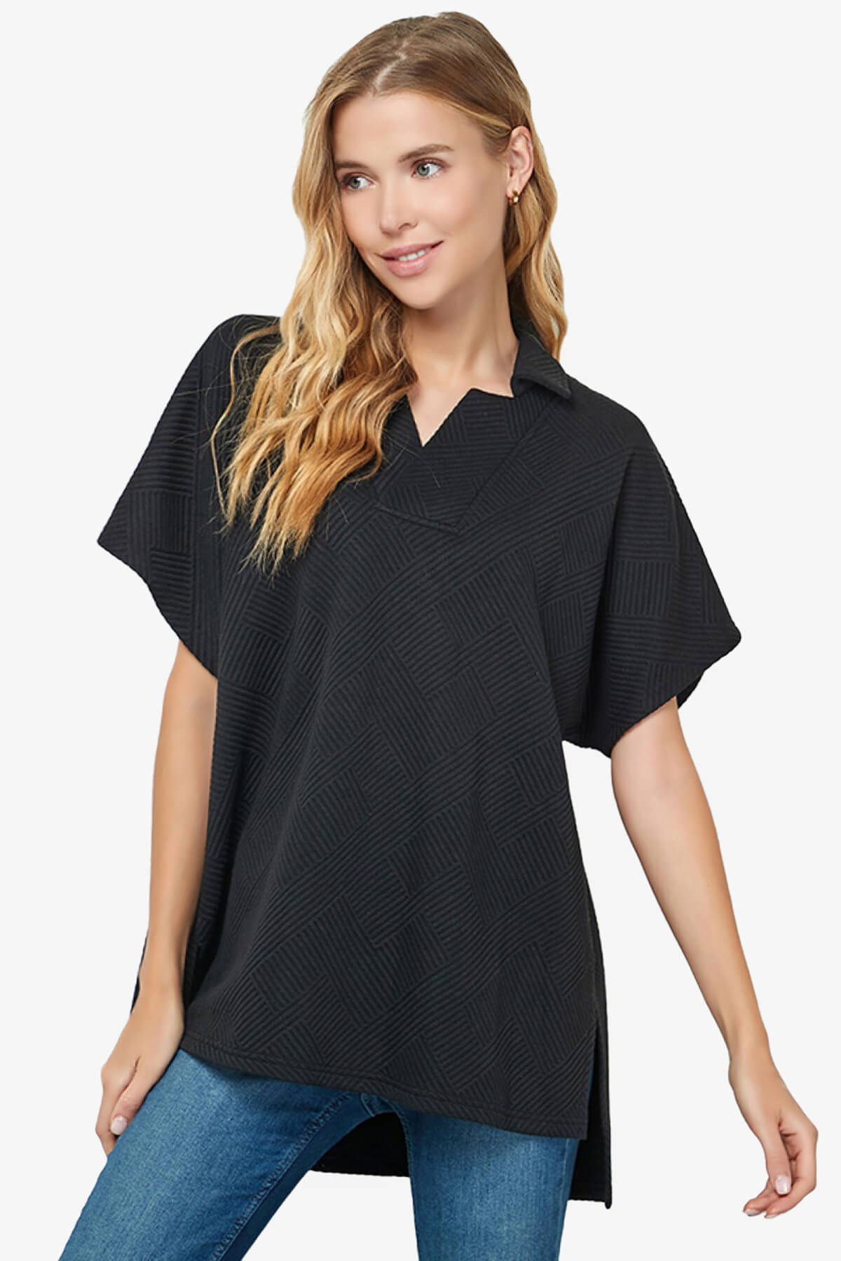 Lassy Short Sleeve Textured Polo Sweatshirt BLACK_1