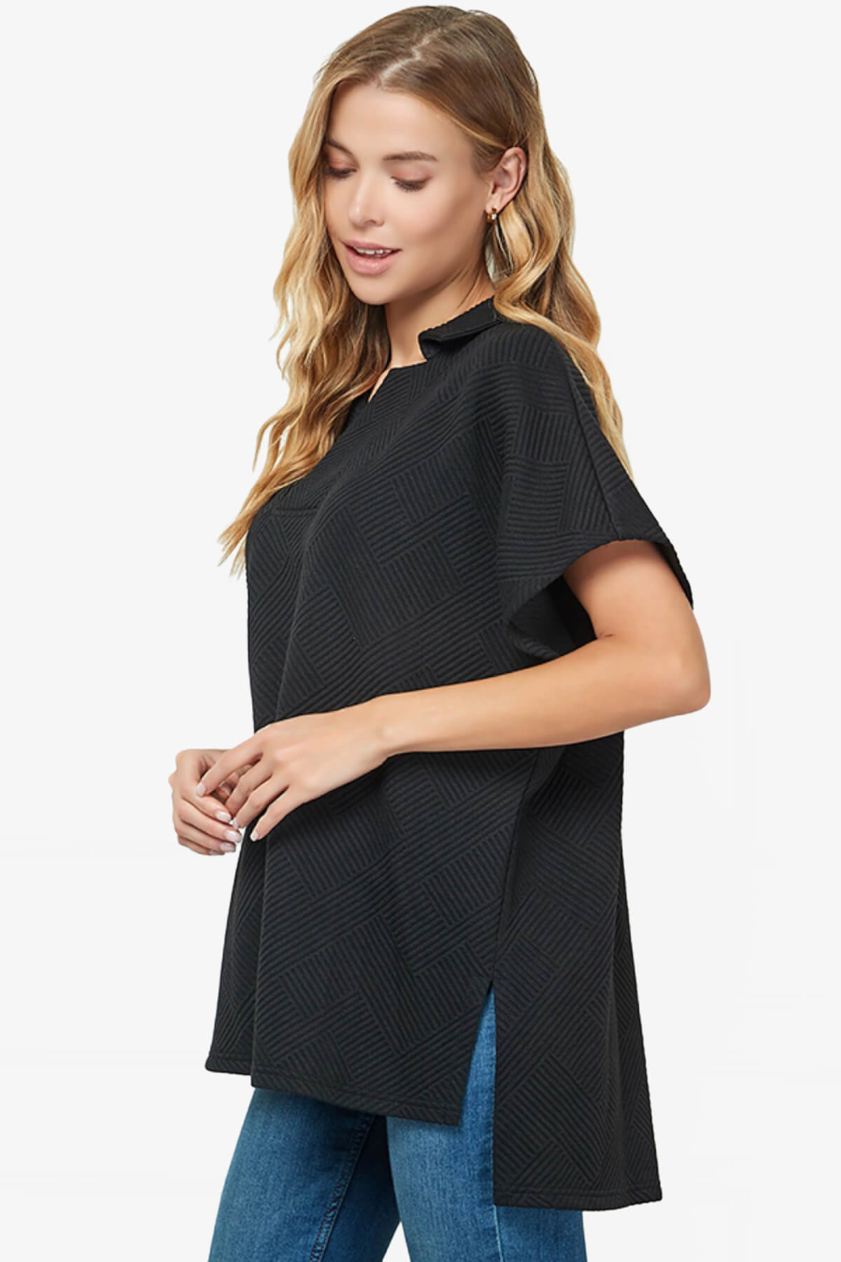Lassy Short Sleeve Textured Polo Sweatshirt BLACK_3