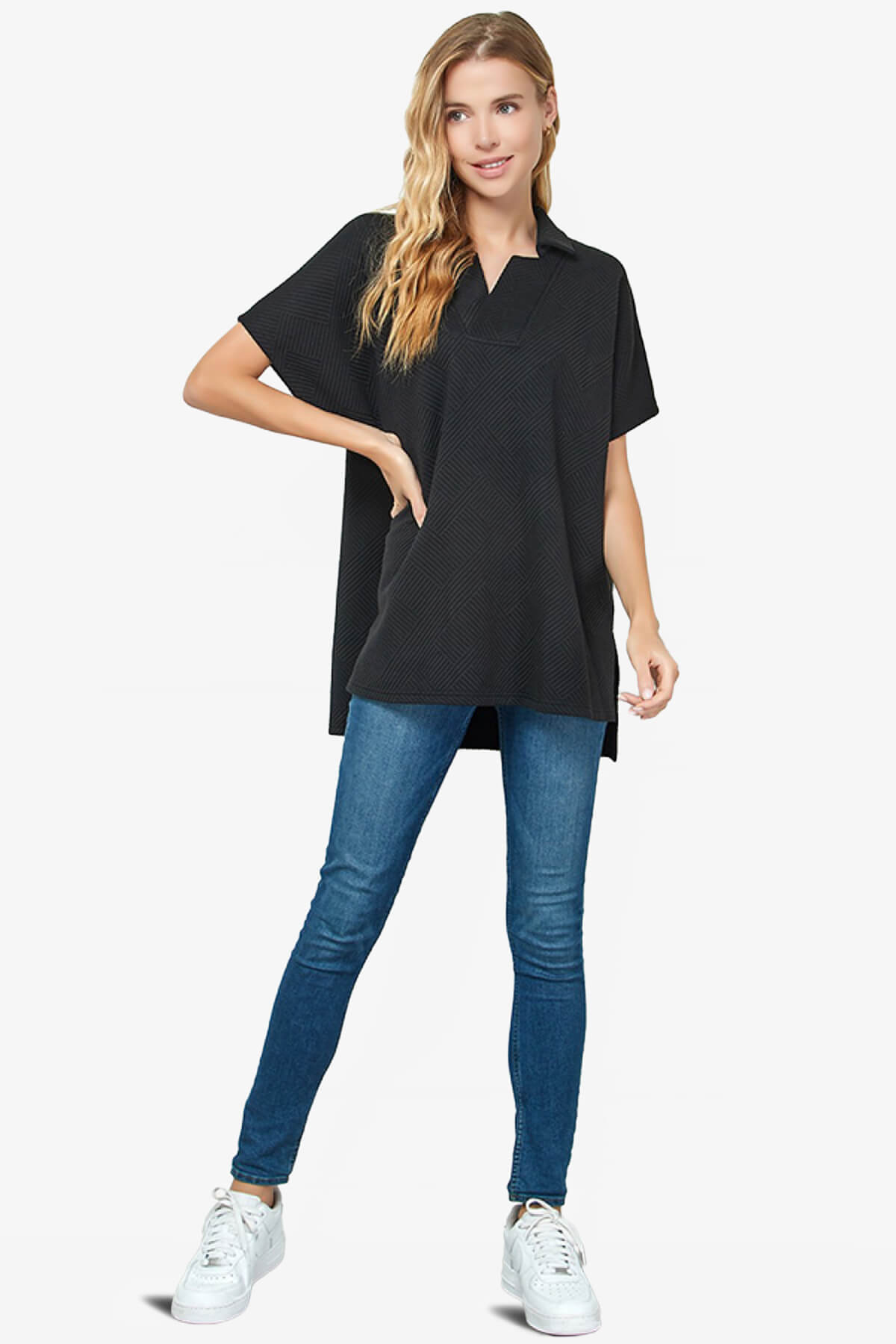 Lassy Short Sleeve Textured Polo Sweatshirt BLACK_5