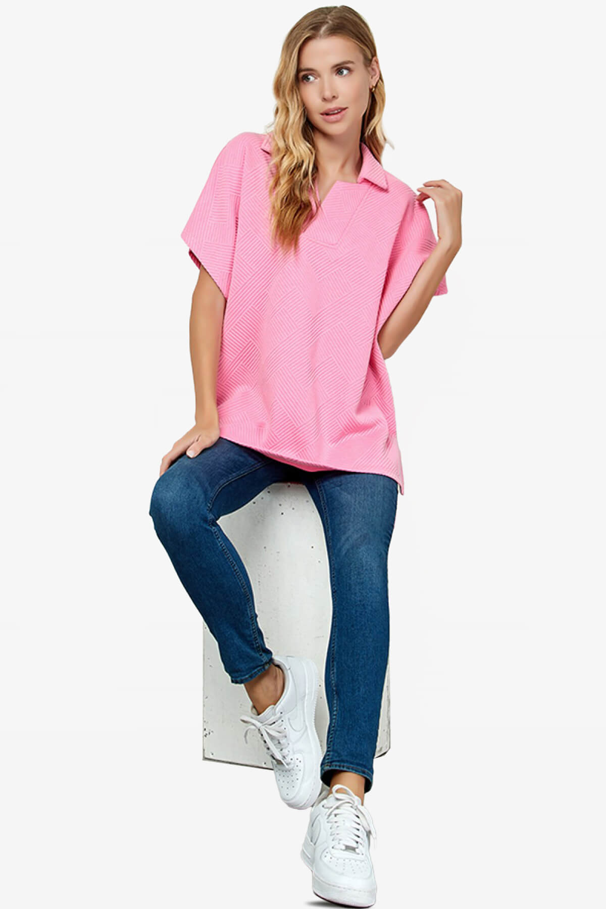 Lassy Short Sleeve Textured Polo Sweatshirt CANDY PINK_5