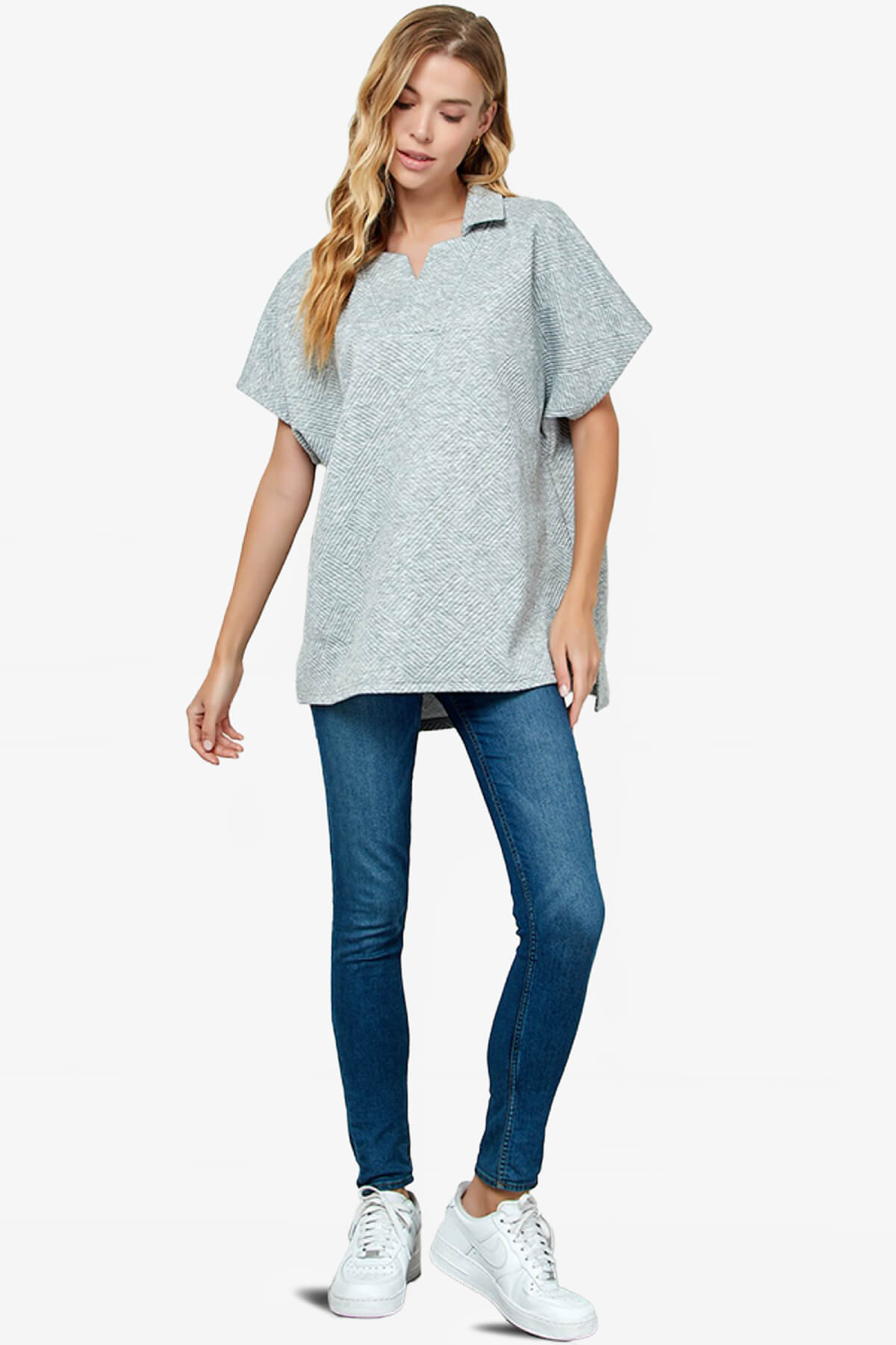 Lassy Short Sleeve Textured Polo Sweatshirt GREY_5