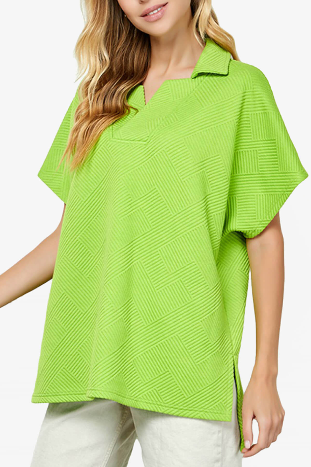 Lassy Short Sleeve Textured Polo Sweatshirt LIME_4