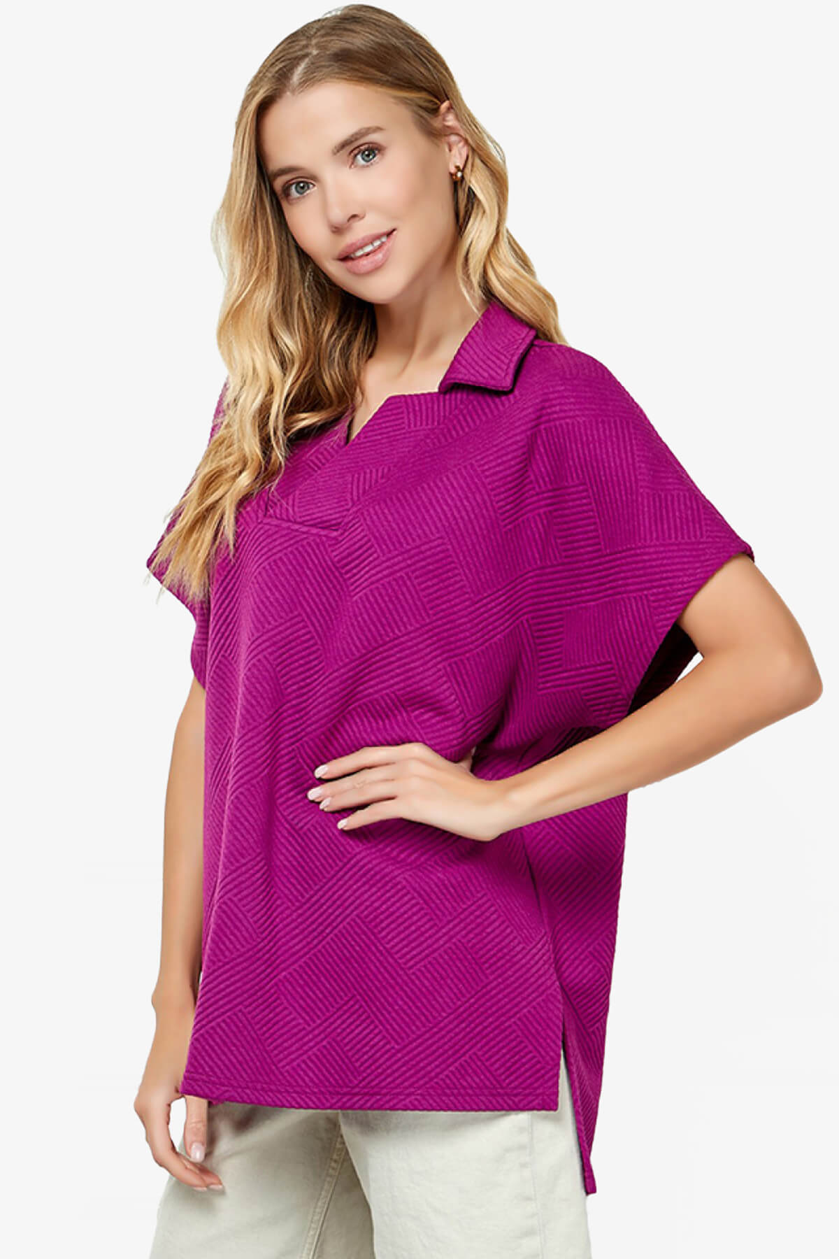 Lassy Short Sleeve Textured Polo Sweatshirt MAGENTA_3