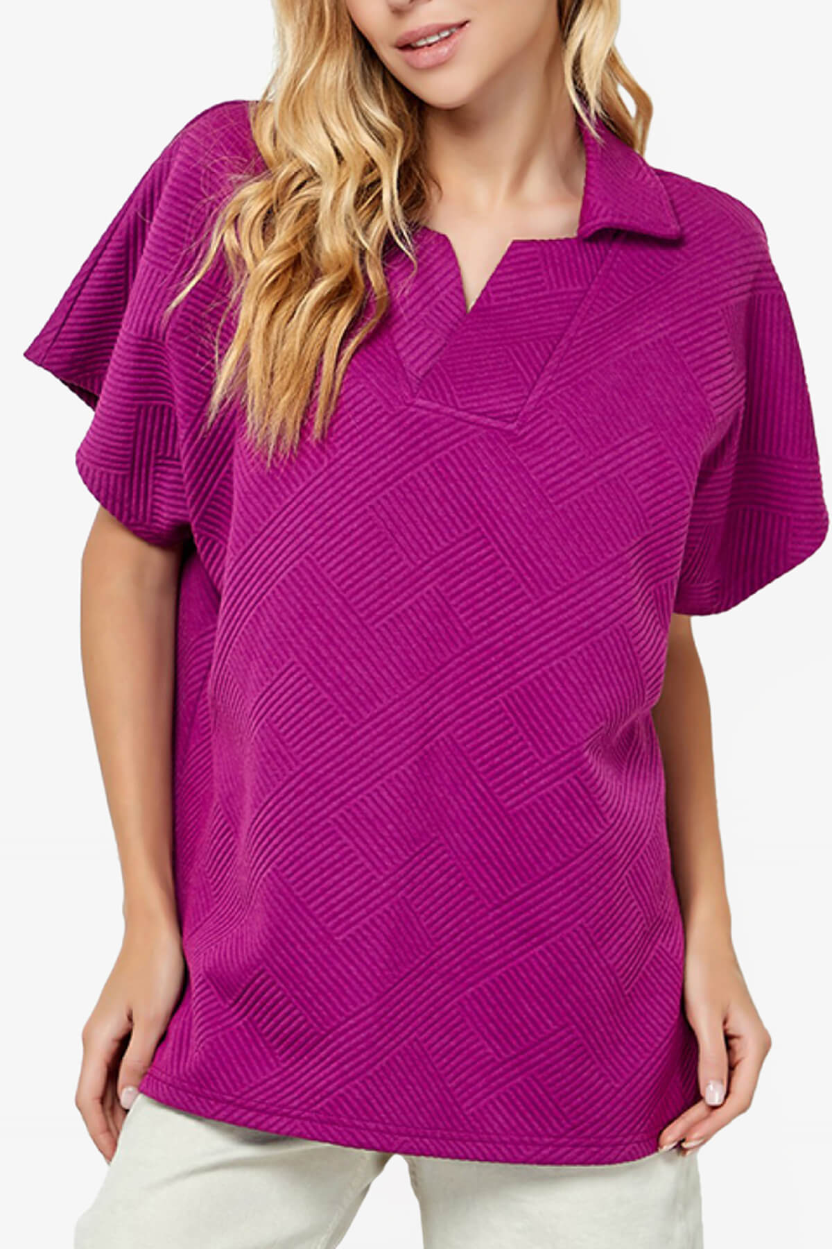 Lassy Short Sleeve Textured Polo Sweatshirt MAGENTA_4