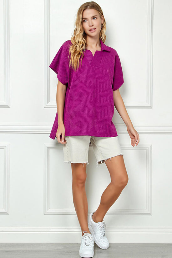 Lassy Short Sleeve Textured Polo Sweatshirt MAGENTA_6