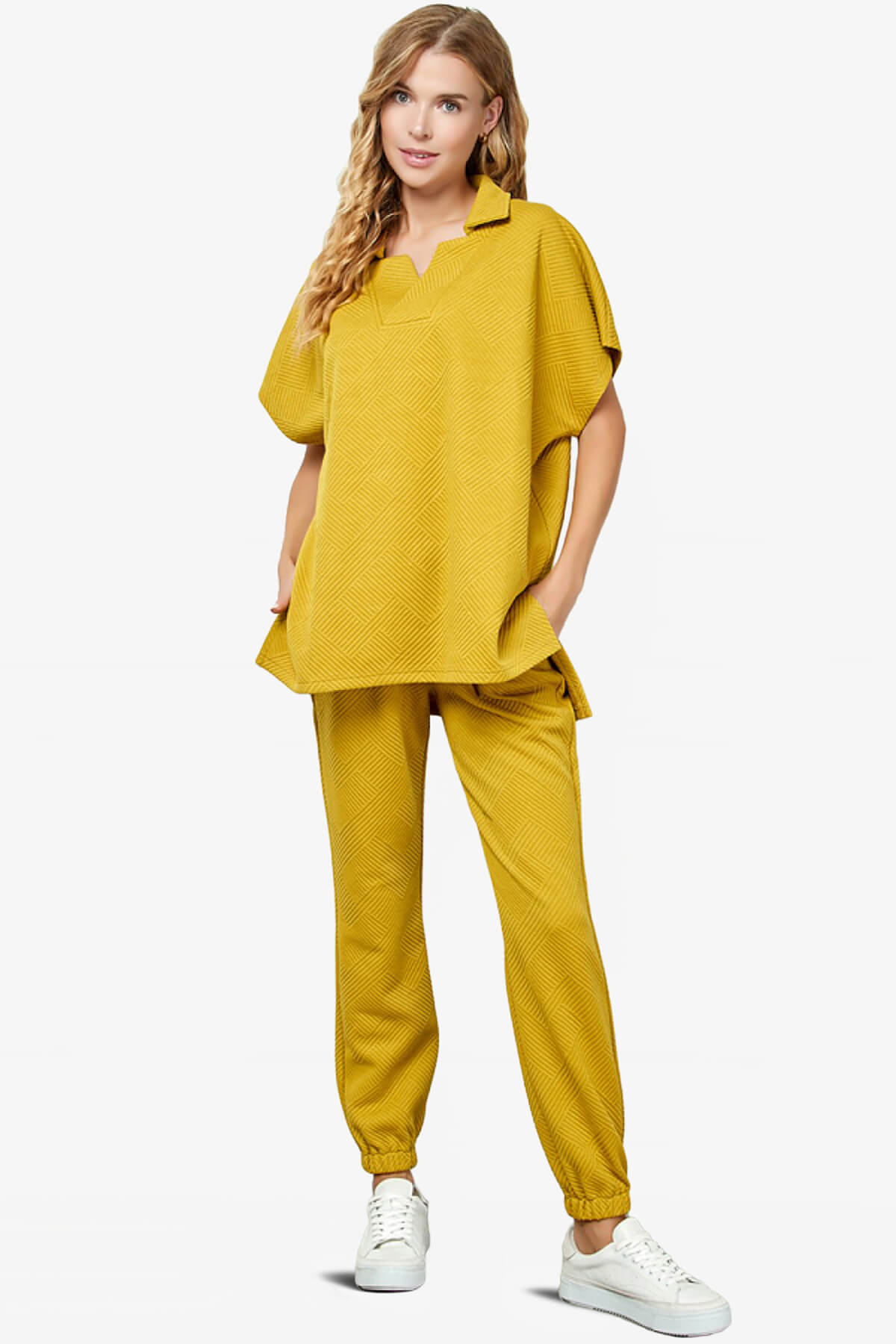 Lassy Short Sleeve Textured Polo Sweatshirt MUSTARD_5