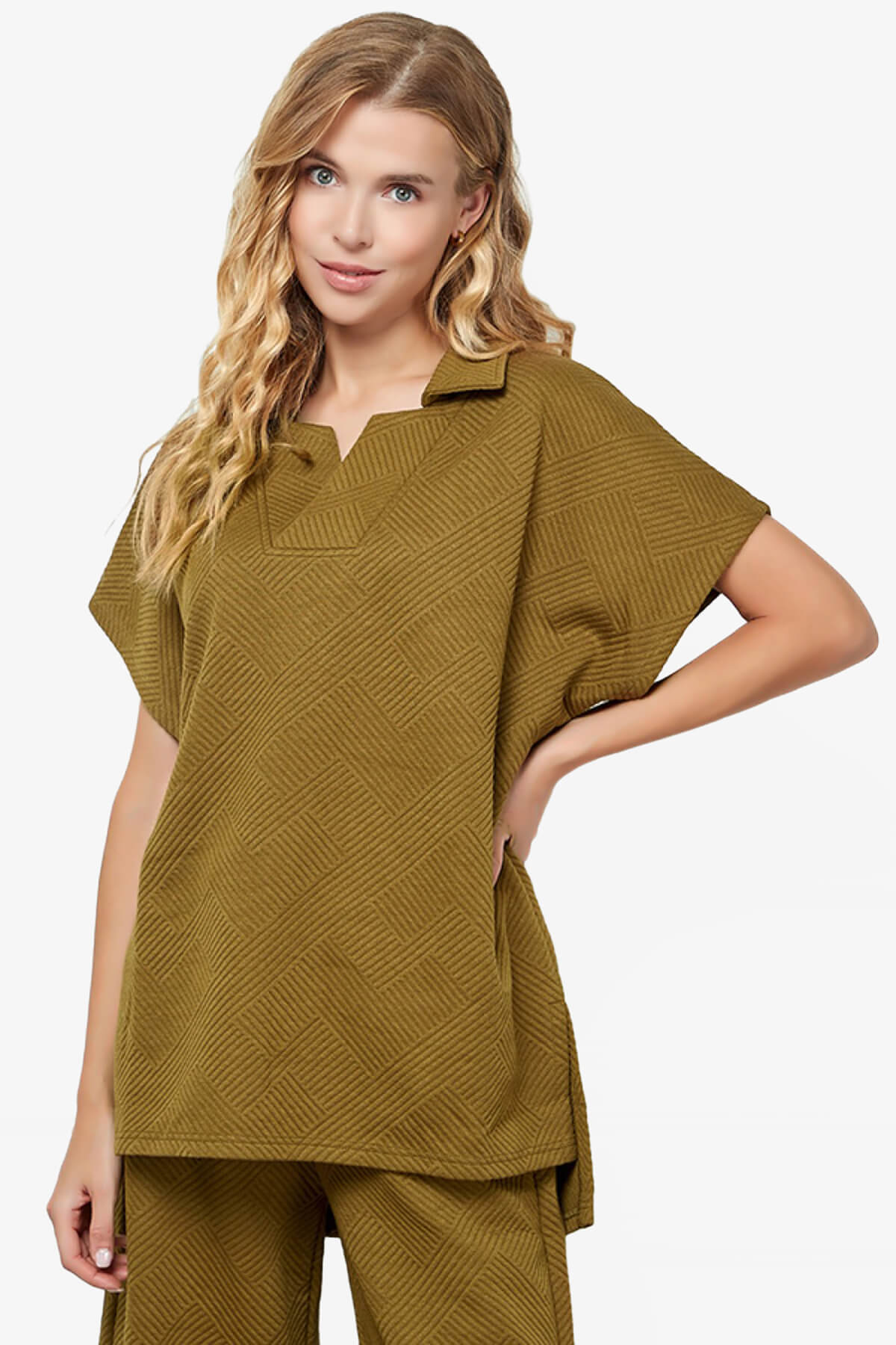 Lassy Short Sleeve Textured Polo Sweatshirt OLIVE_3