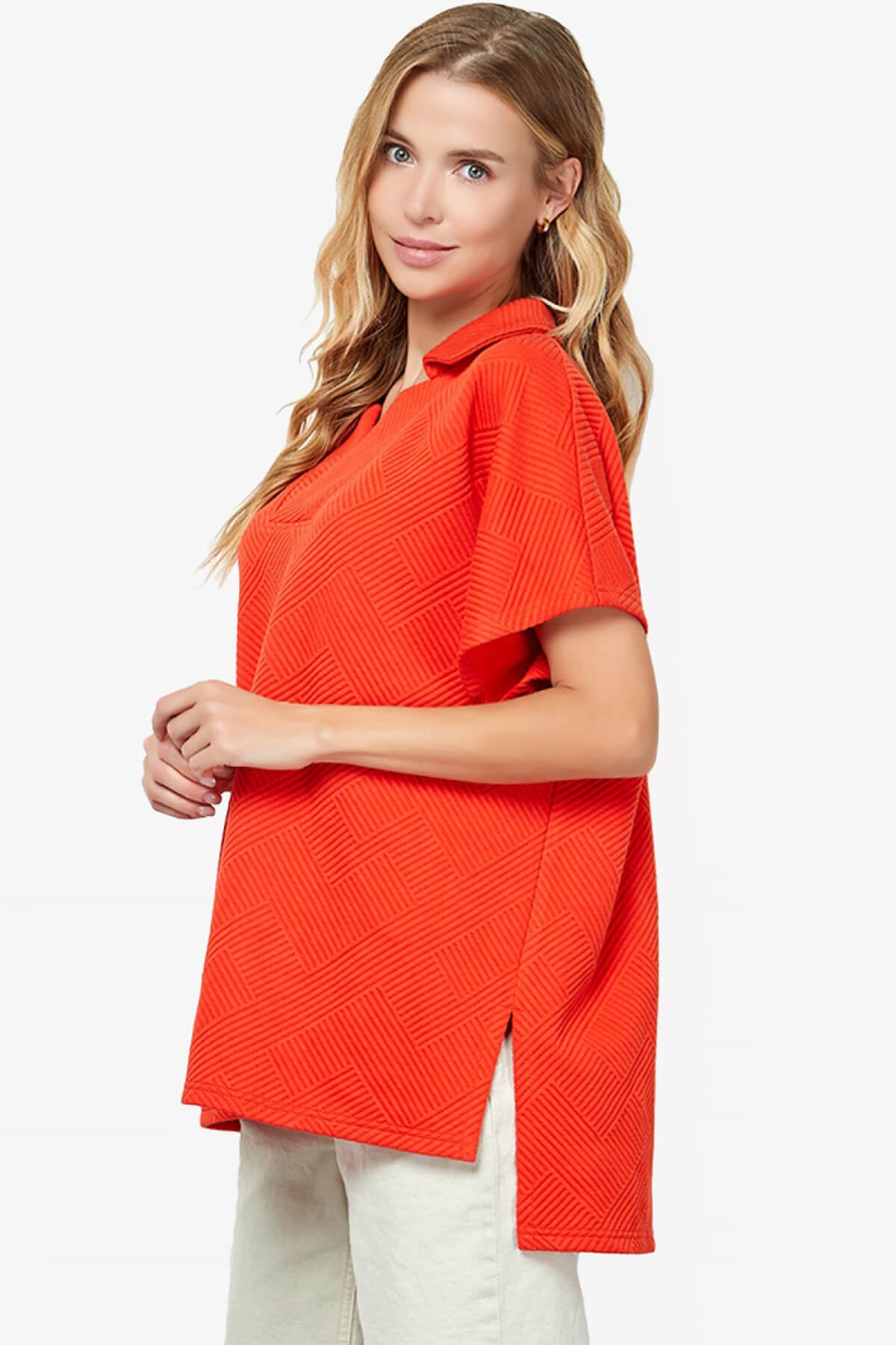 Lassy Short Sleeve Textured Polo Sweatshirt ORANGE_3