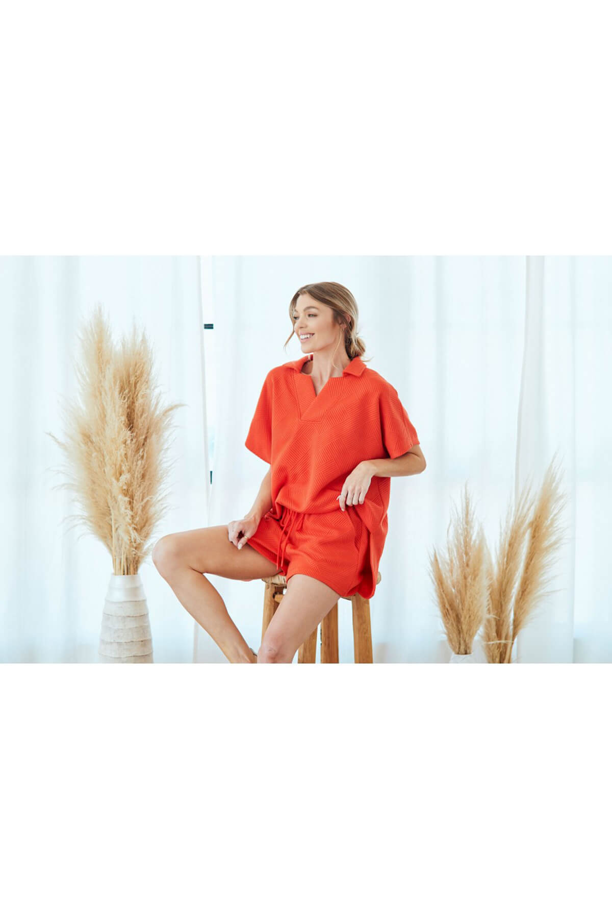 Lassy Short Sleeve Textured Polo Sweatshirt ORANGE_6