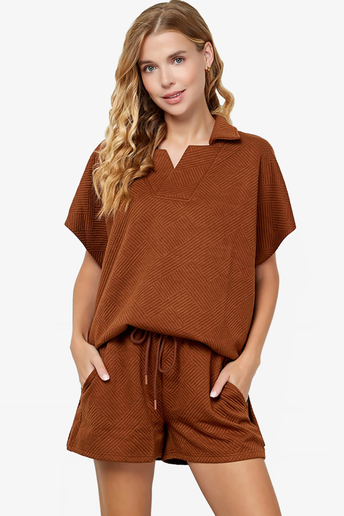 Lassy Short Sleeve Textured Polo Sweatshirt RUST_1