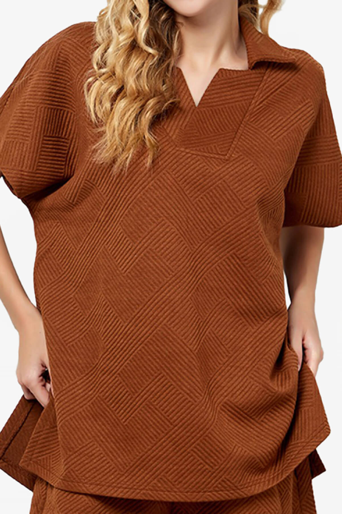 Lassy Short Sleeve Textured Polo Sweatshirt RUST_4