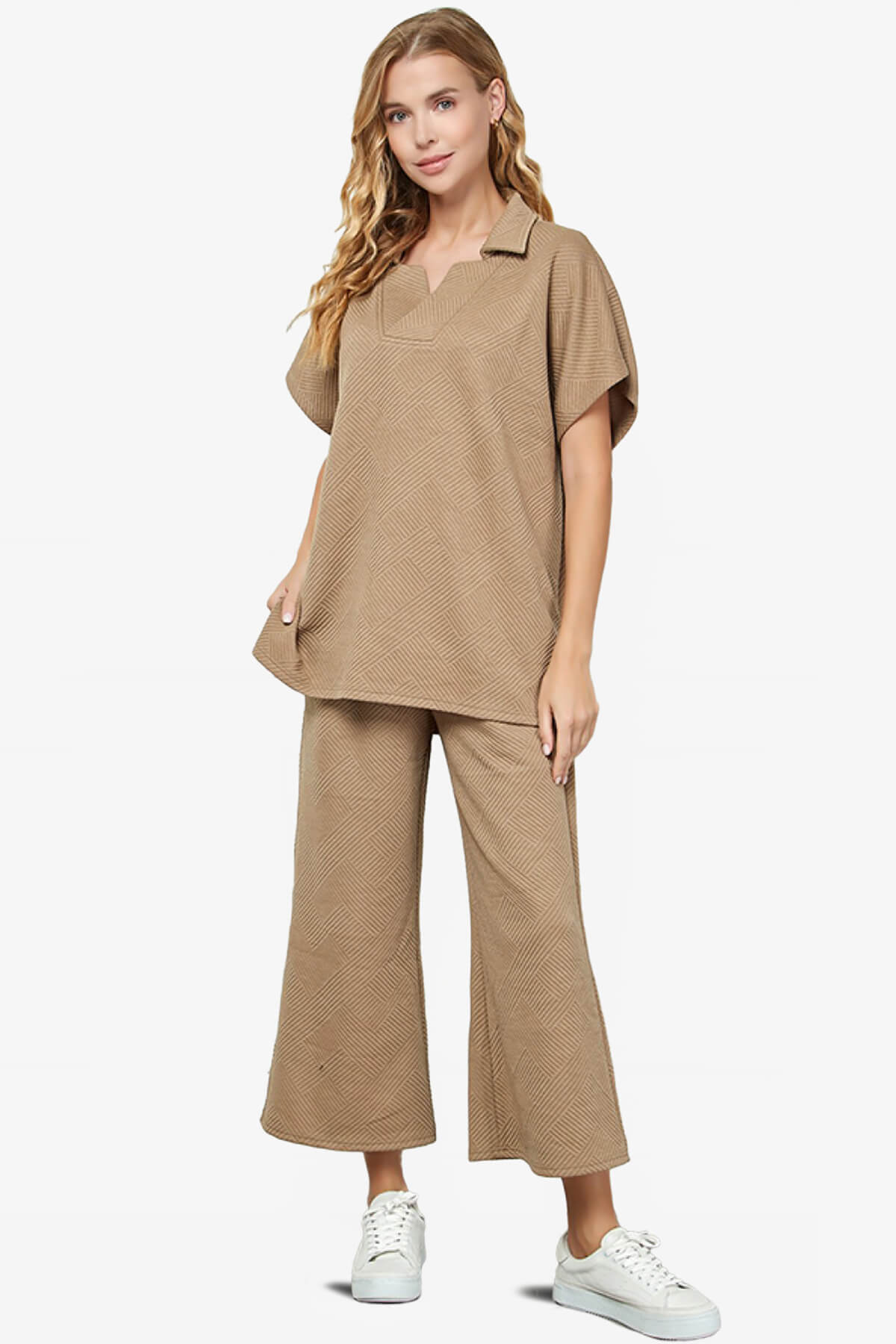 Lassy Short Sleeve Textured Polo Sweatshirt TAN_5