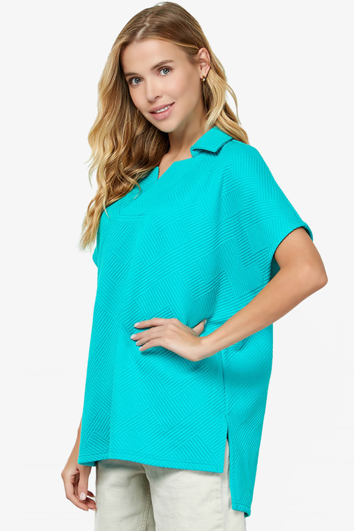 Lassy Short Sleeve Textured Polo Sweatshirt TURQUOISE_3