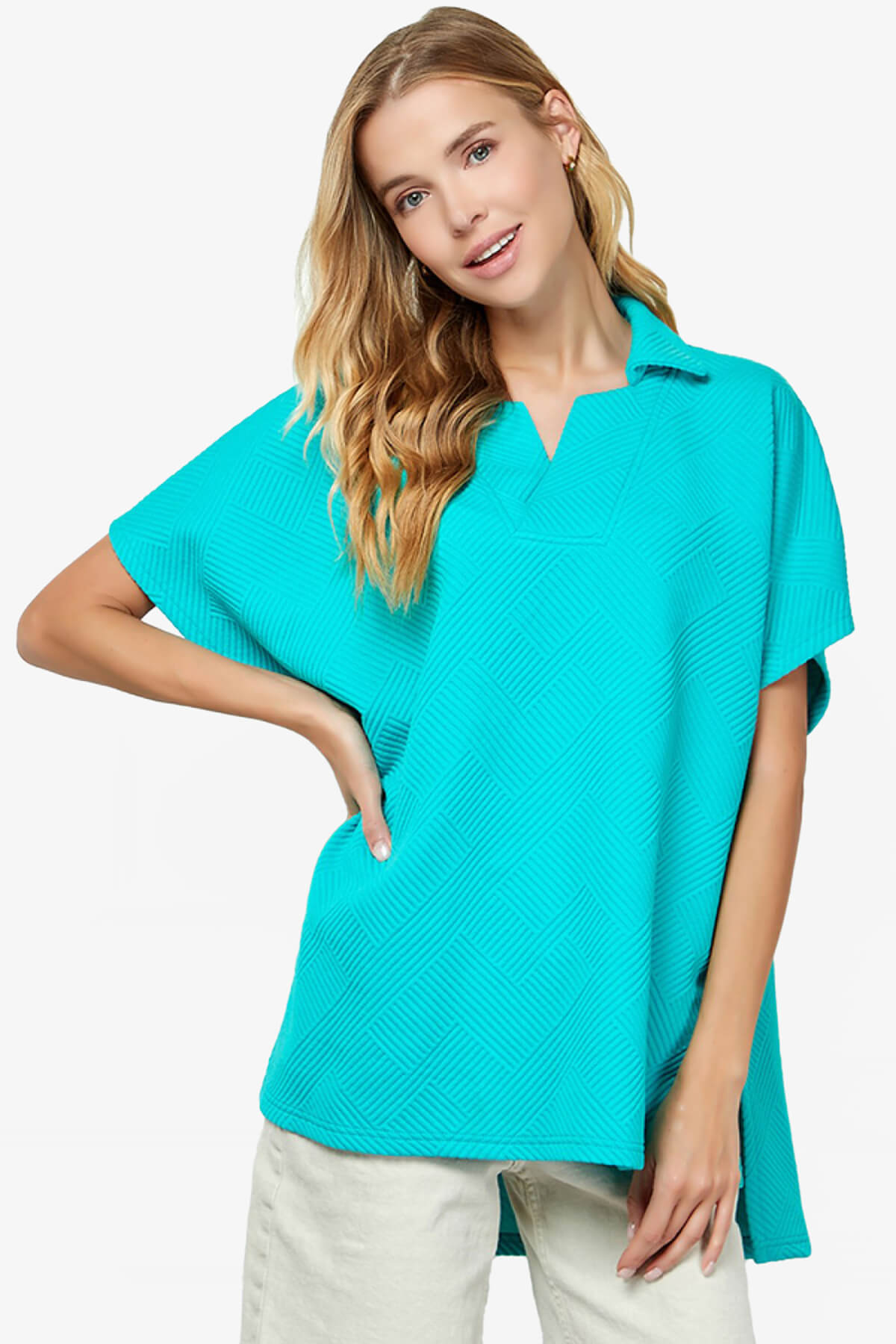 Lassy Short Sleeve Textured Polo Sweatshirt TURQUOISE_4