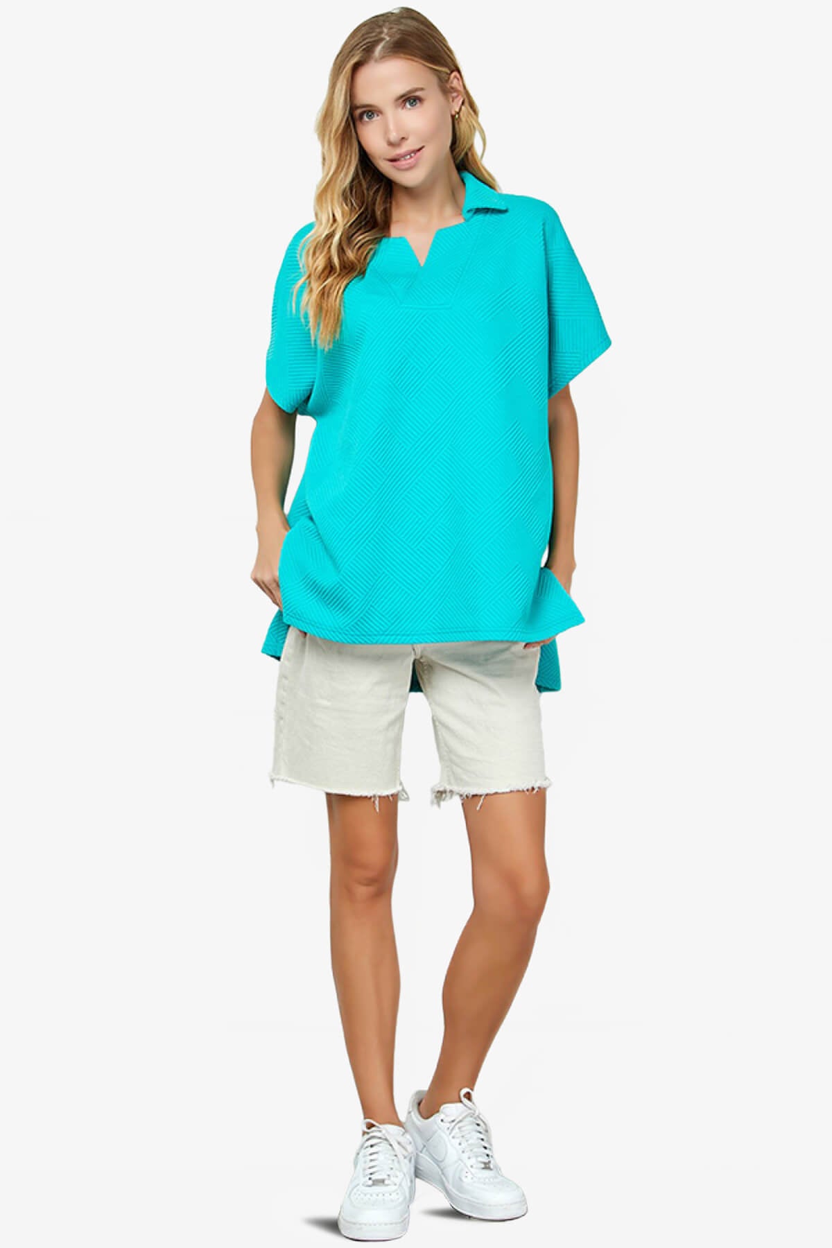 Lassy Short Sleeve Textured Polo Sweatshirt TURQUOISE_5