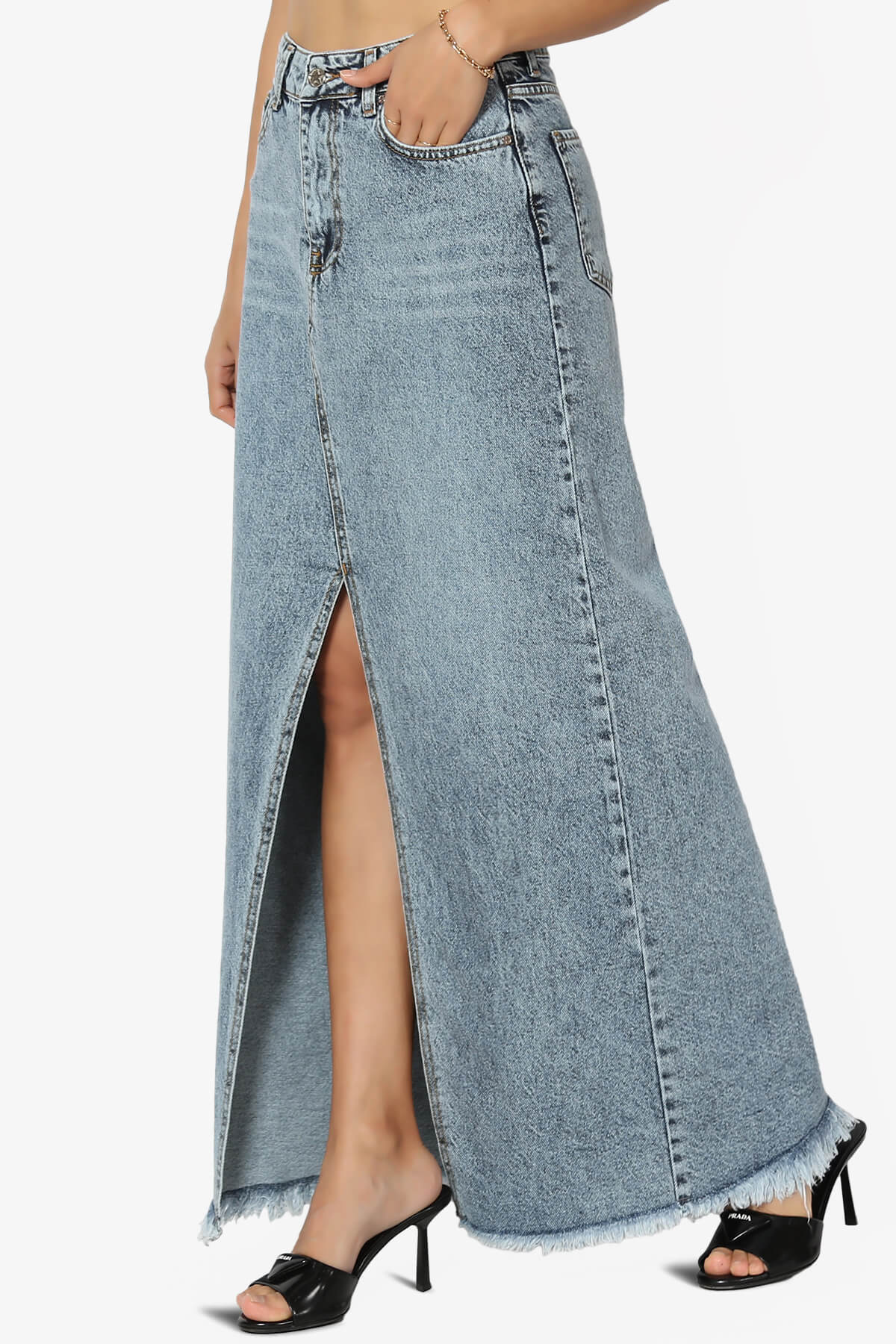 Lefon Front Slit Raw Hem Denim Maxi Skirt
