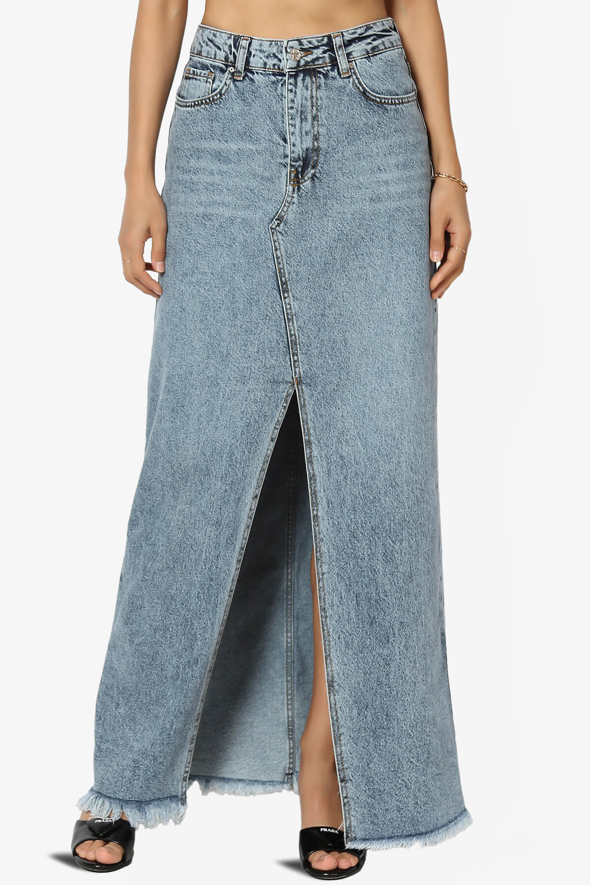 Lefon Front Slit Raw Hem Denim Maxi Skirt
