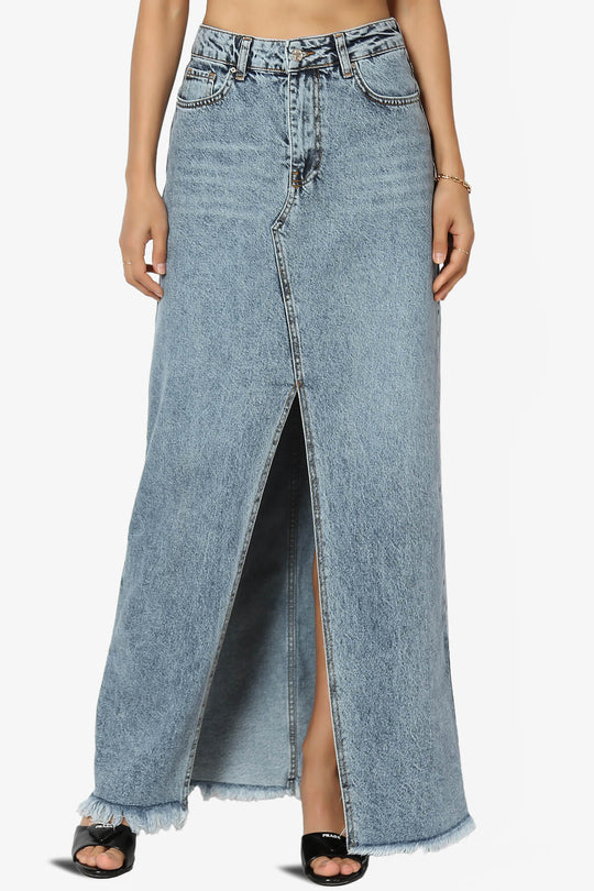 Lefon Front Slit Raw Hem Denim Maxi Skirt