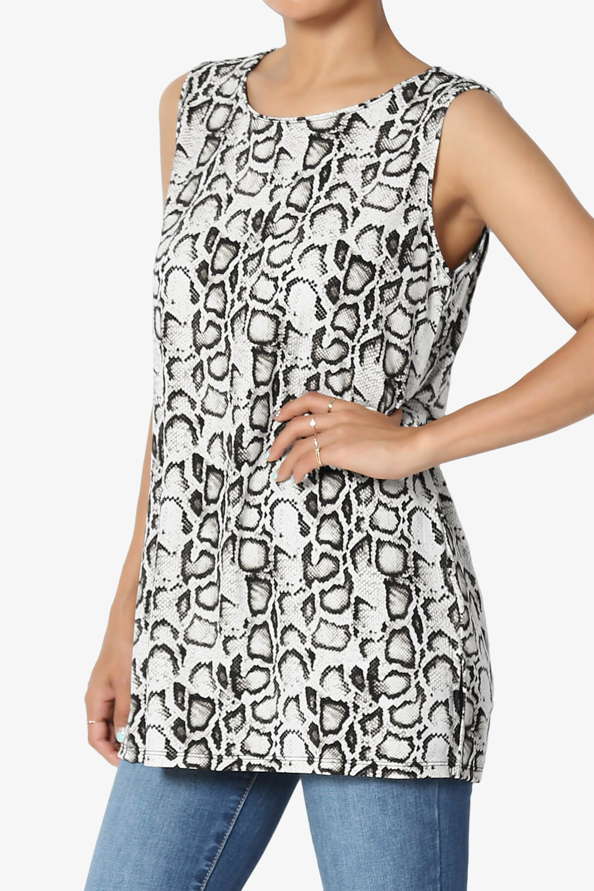 Lilly Snake Print Side Slit Fluid Knit Tank Top BLACK_3