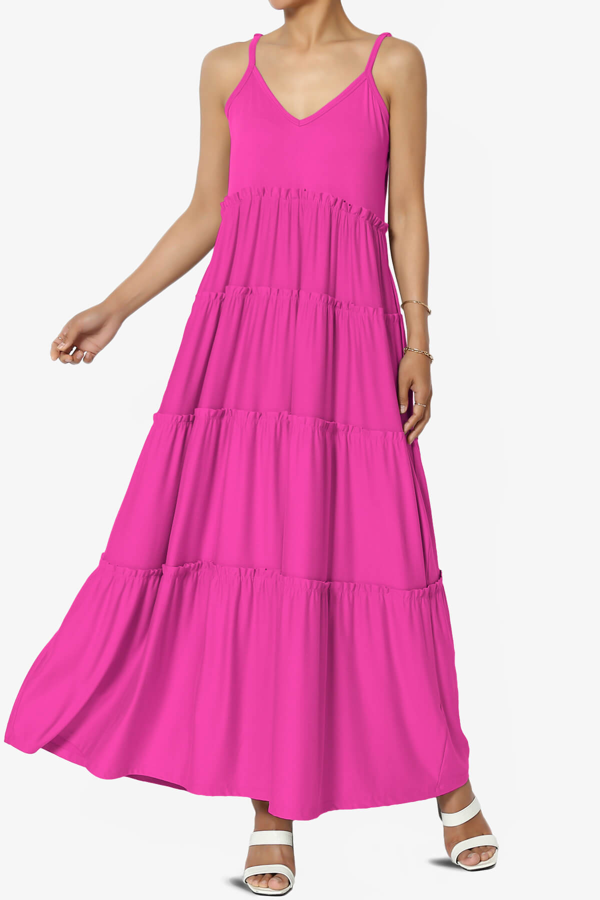 Livvy V-Neck Tiered Cami Maxi Dress NEON HOT PINK_1