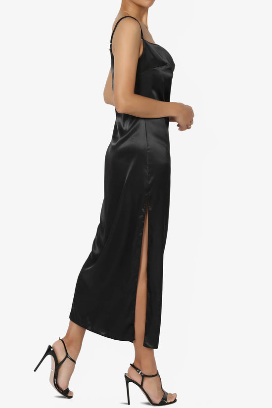 Masin Cowl Neck Sain Silk Long Slip Dress BLACK_4
