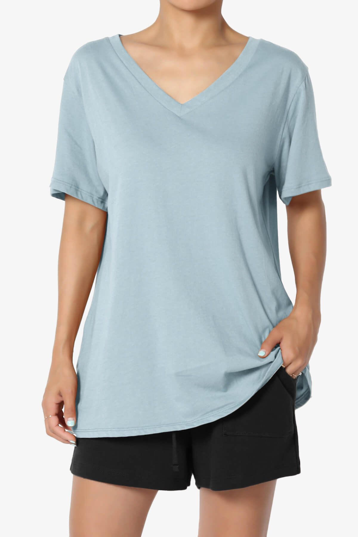 Mayra V-Neck Cotton Boyfriend Tee ASH BLUE_1