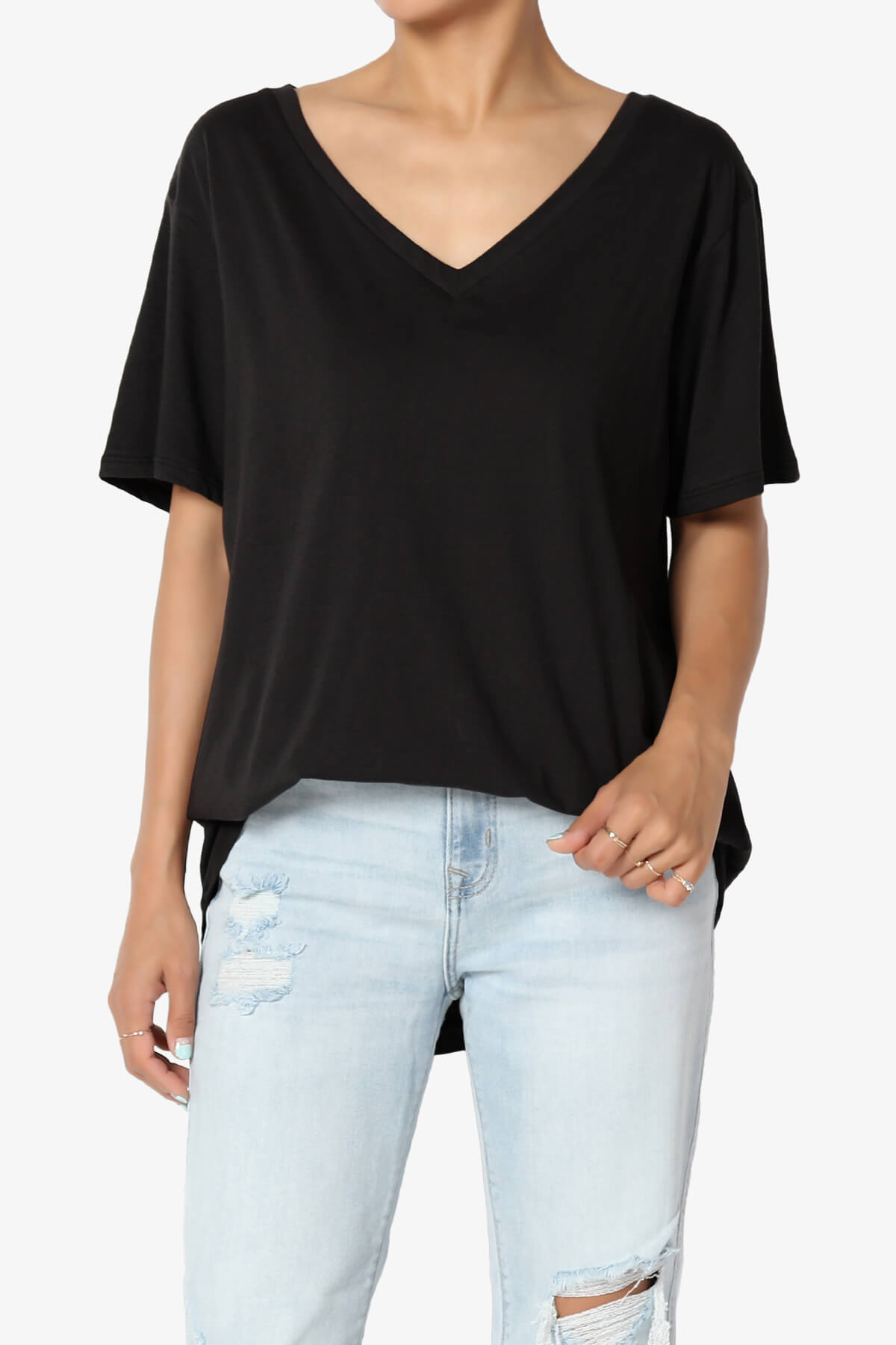 Mayra V-Neck Cotton Boyfriend Tee BLACK_1