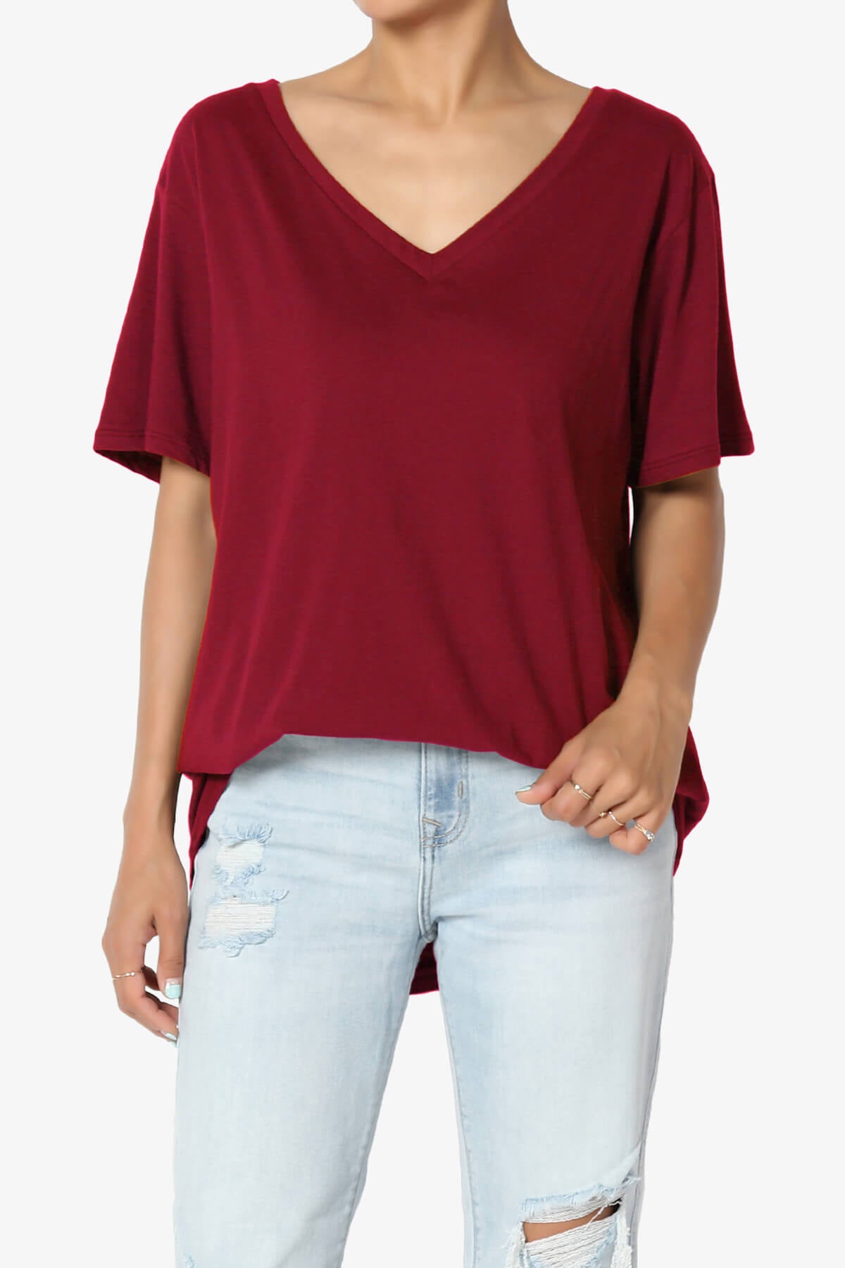 Mayra V-Neck Cotton Boyfriend Tee BURGUNDY_1