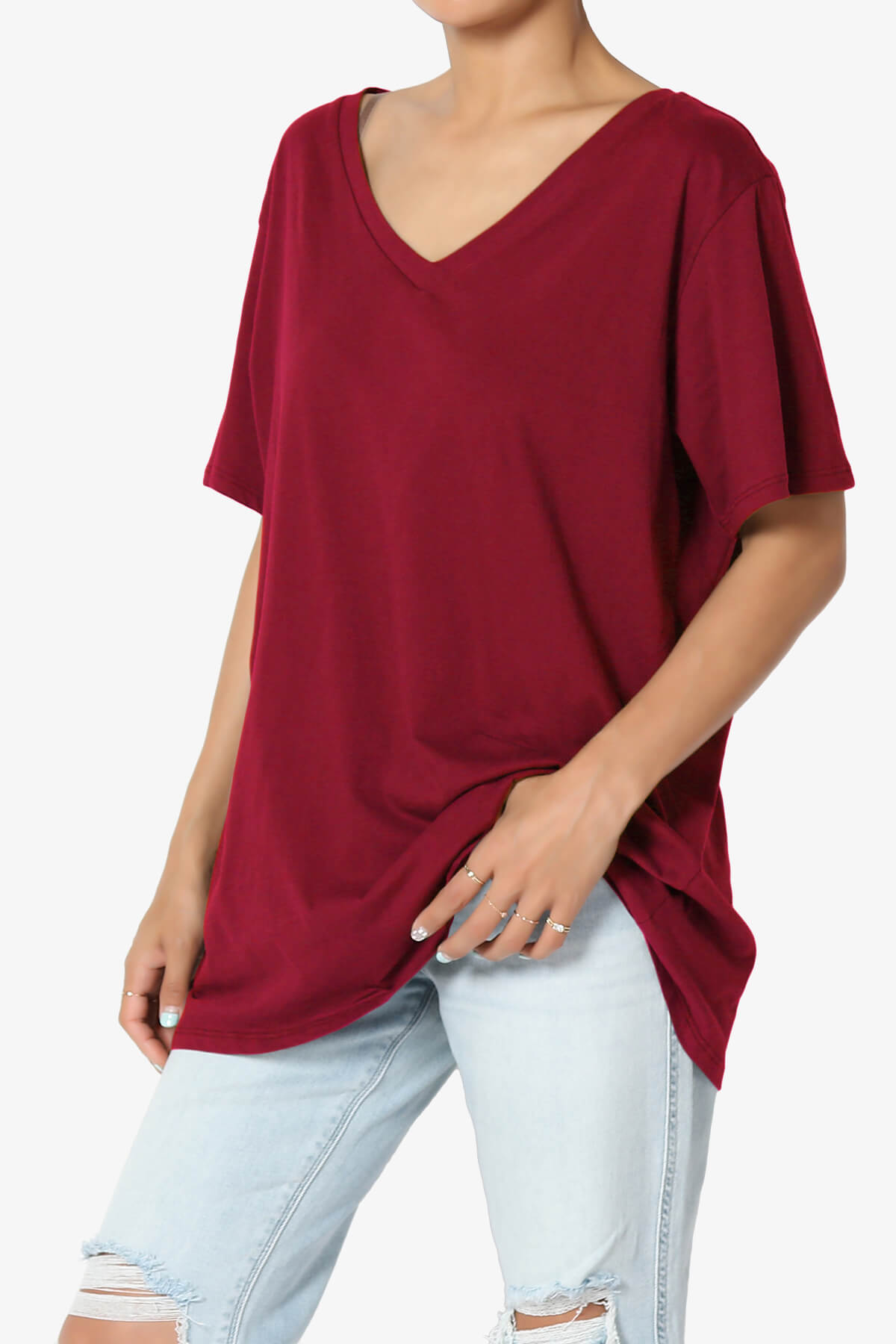 Mayra V-Neck Cotton Boyfriend Tee BURGUNDY_3