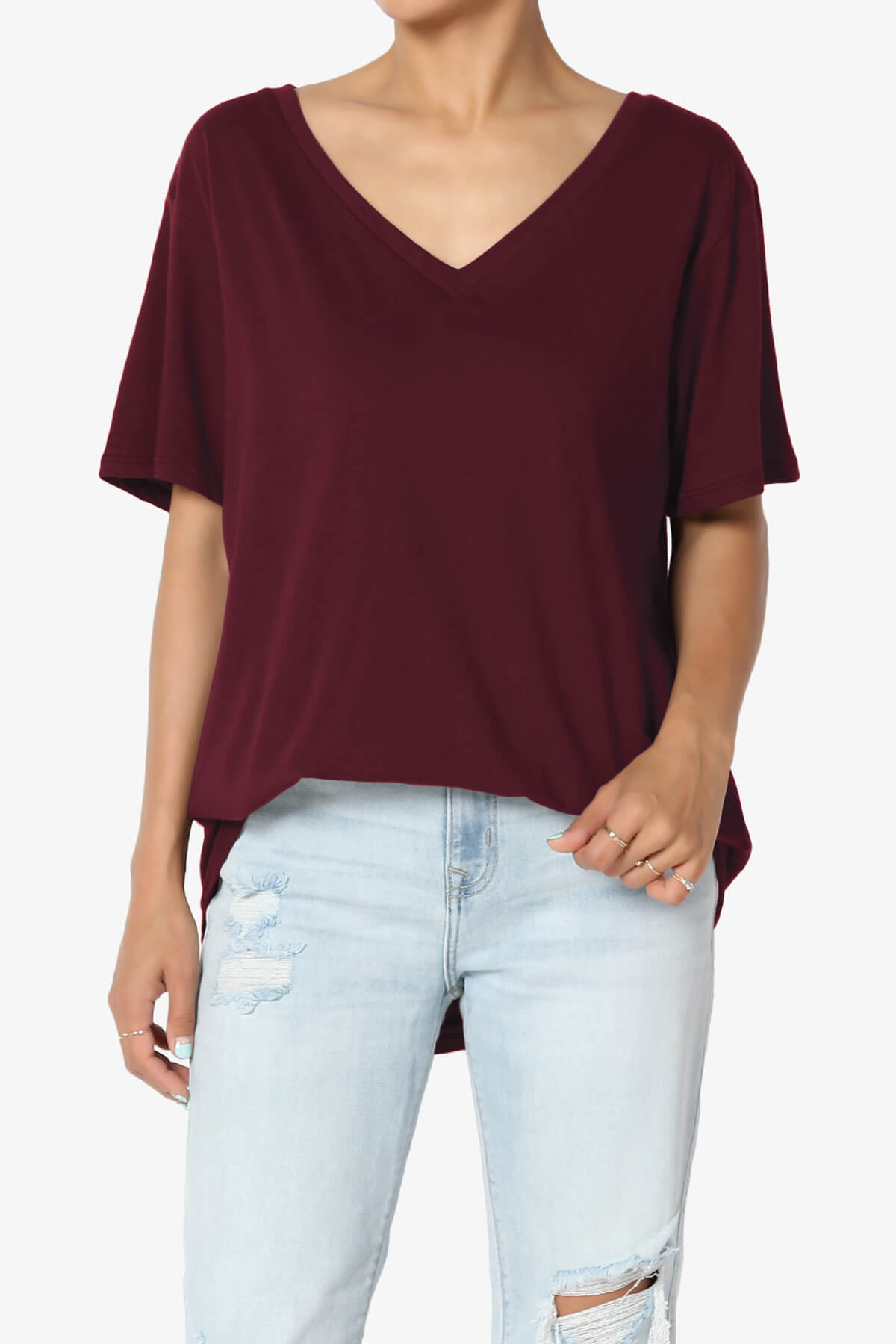 Mayra V-Neck Cotton Boyfriend Tee DARK BURGUNDY_1