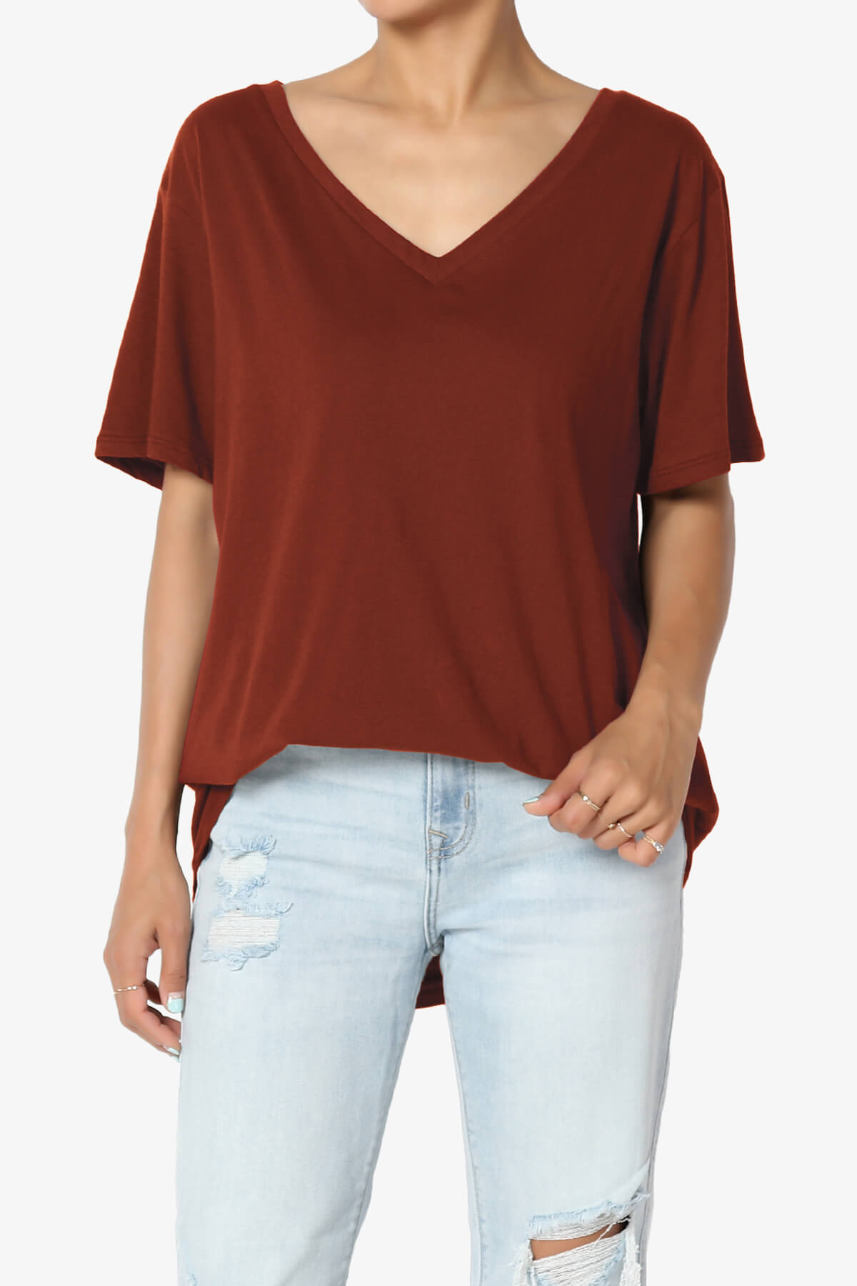 Mayra V-Neck Cotton Boyfriend Tee DARK RUST_1
