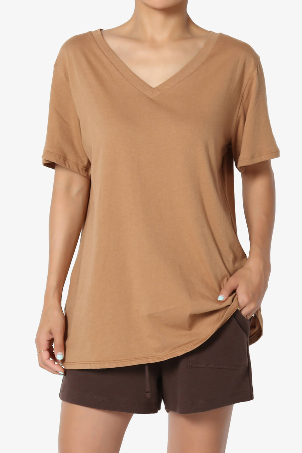 Mayra V-Neck Cotton Boyfriend Tee DEEP CAMEL_1
