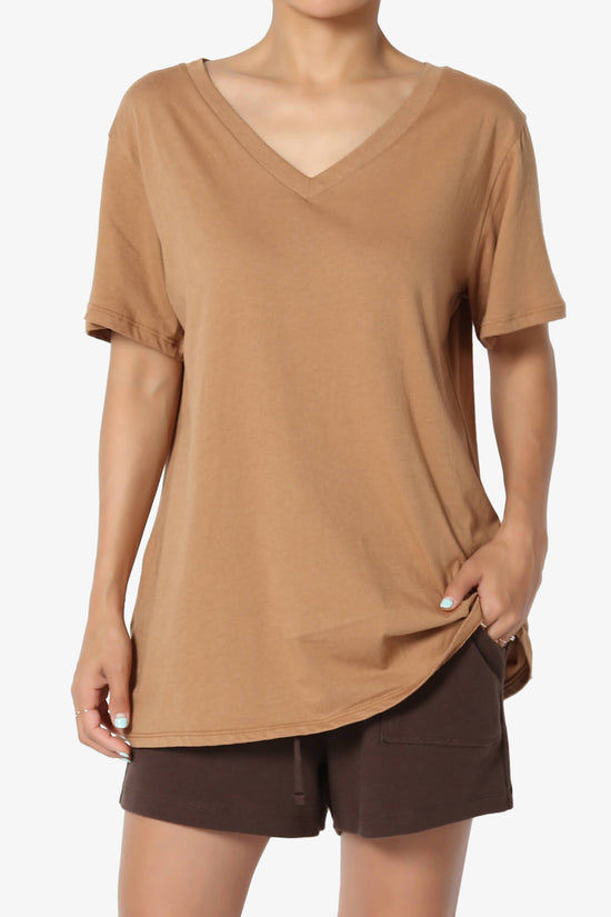 Mayra V-Neck Cotton Boyfriend Tee DEEP CAMEL_1