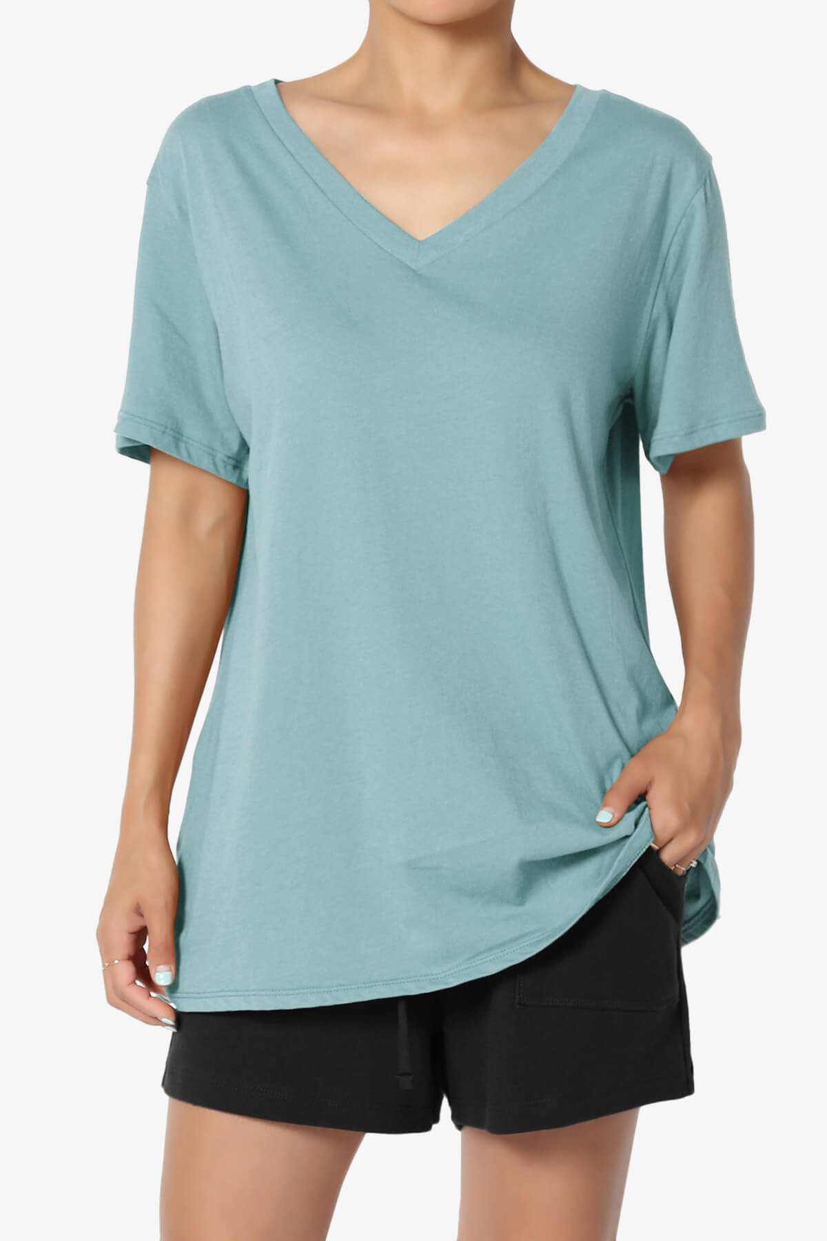 Mayra V-Neck Cotton Boyfriend Tee DUSTY BLUE_1