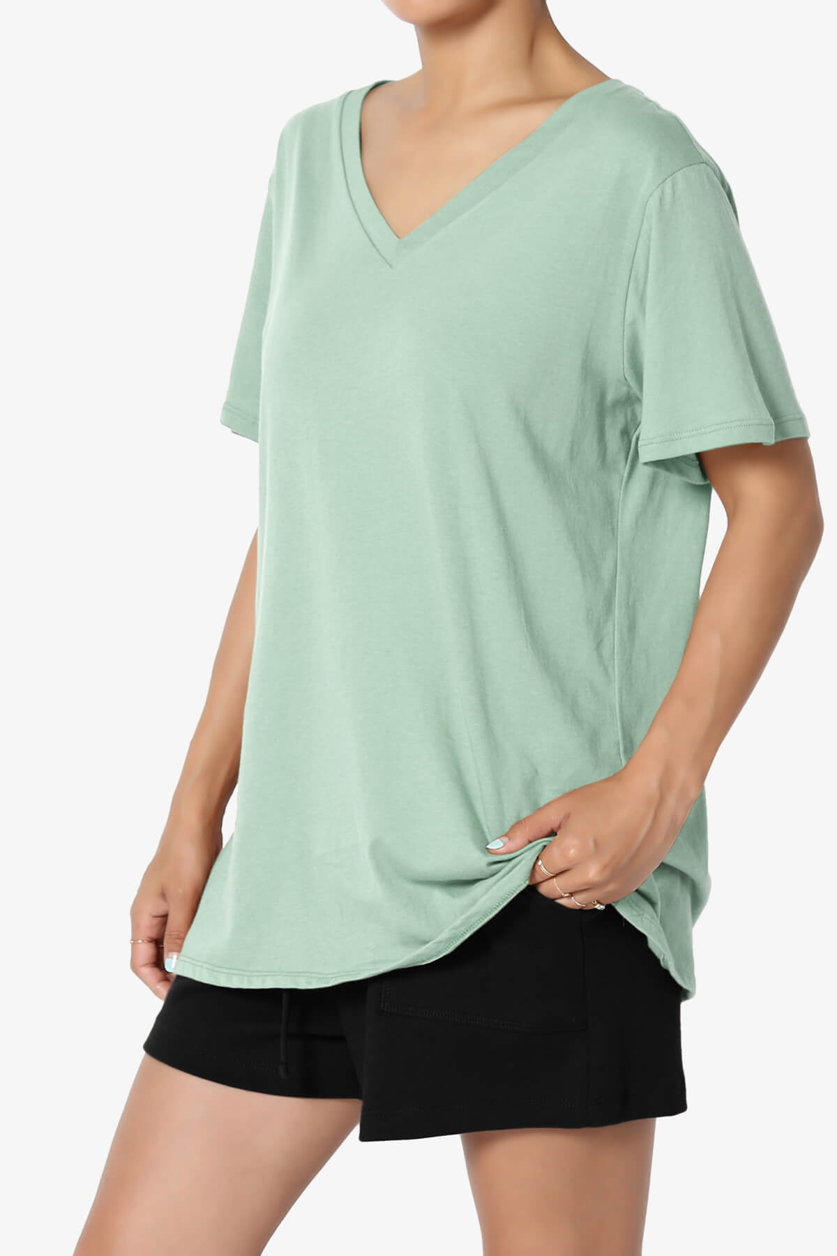 Mayra V-Neck Cotton Boyfriend Tee LIGHT GREEN_3