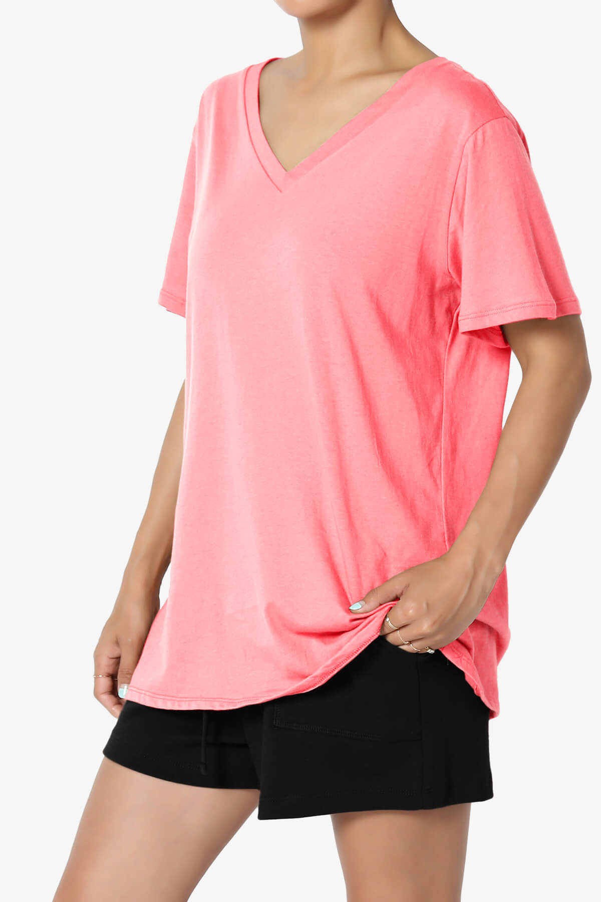Mayra V-Neck Cotton Boyfriend Tee NEON CORAL PINK_3