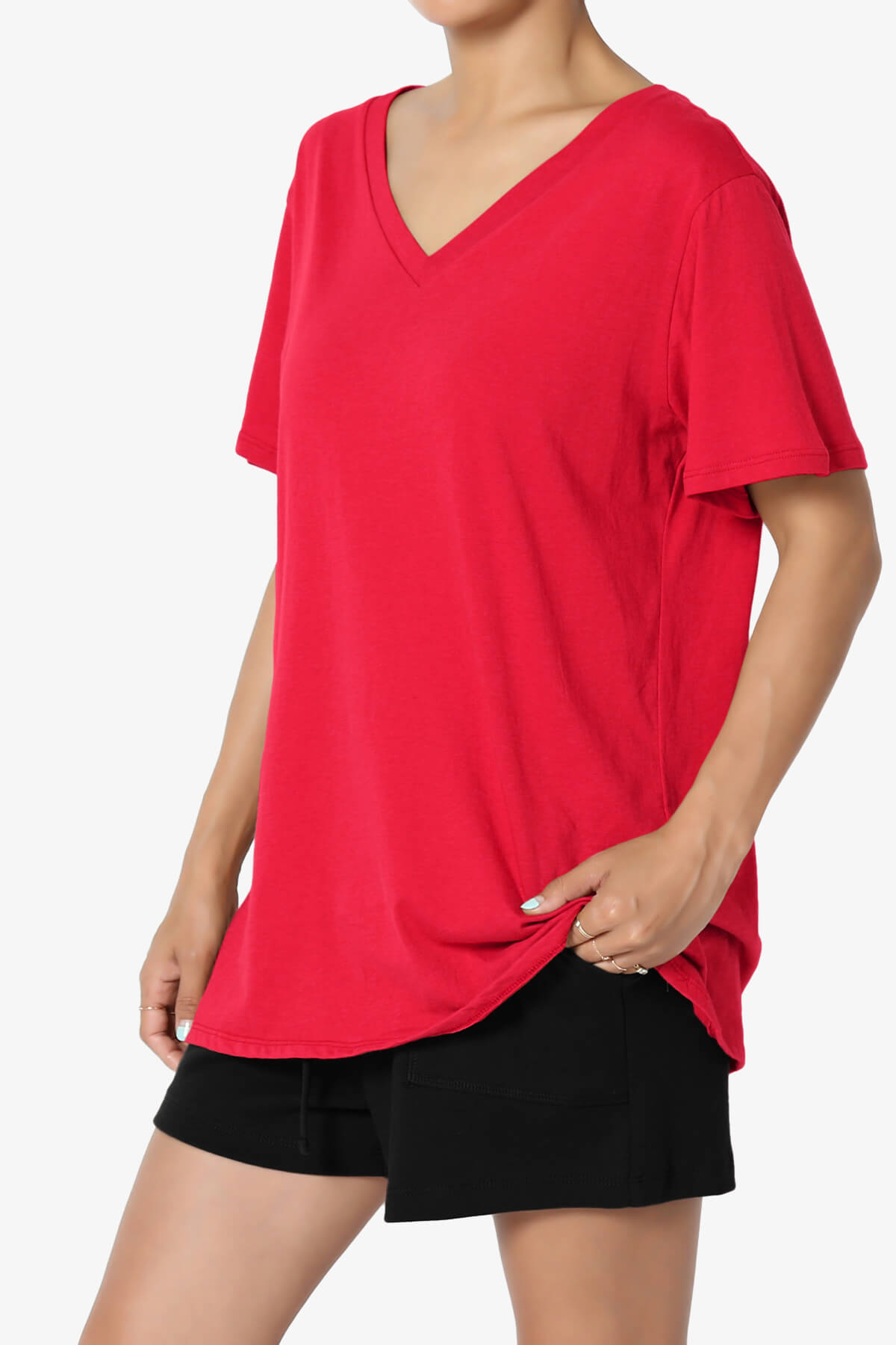 Mayra V-Neck Cotton Boyfriend Tee RED_3
